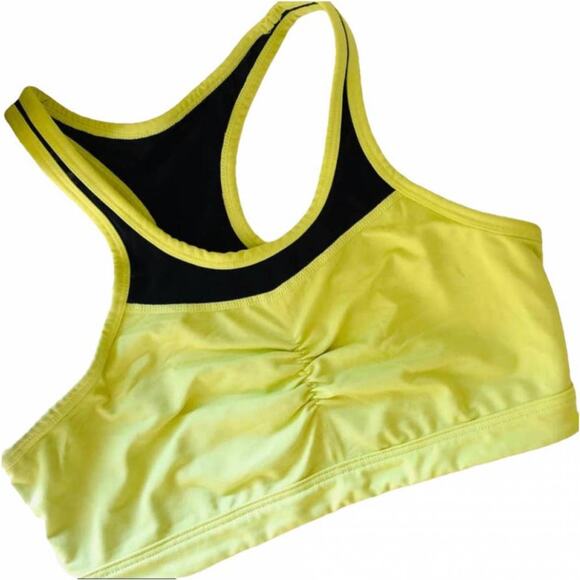 PURE Yellow Black Mesh Inset Ruched Front Sports Bra Crop Racerback S - Picture 8 of 8
